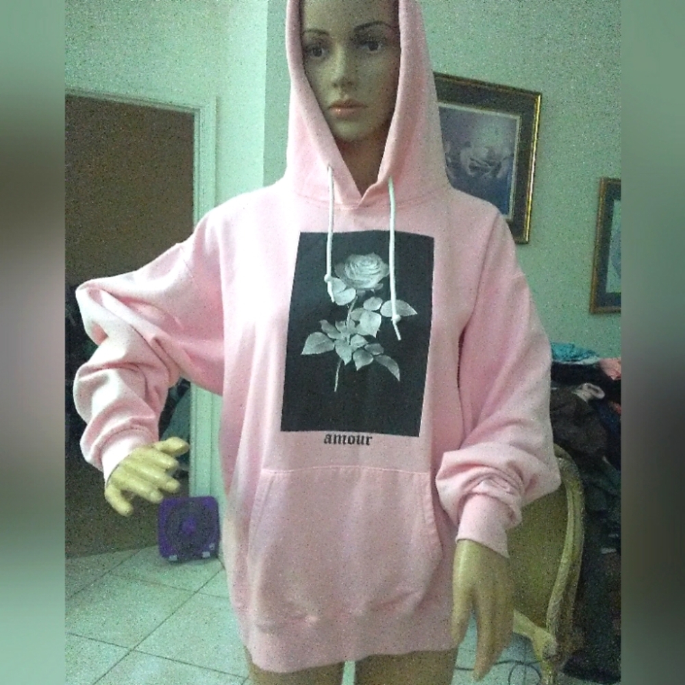 Pink Hoodie Sweatshirt W/ GRAPHIC ROSE ( AMOUR) KANGAROO PKTS BY ARTIST UNION M